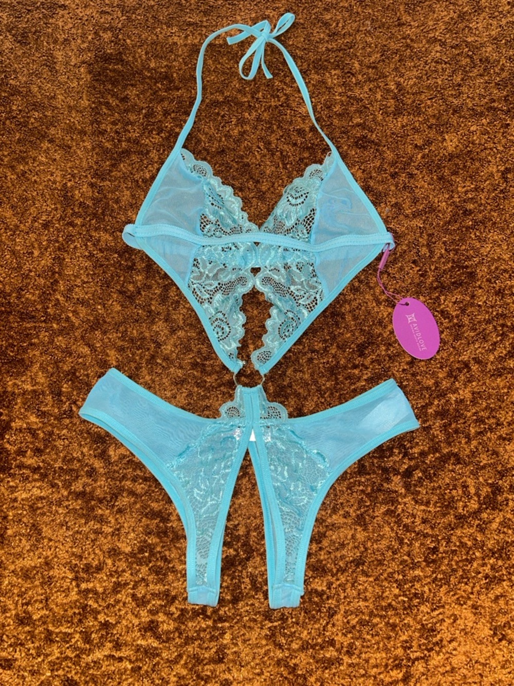 Delicate Aqua Lace Halter Bralette & Bikini Set
